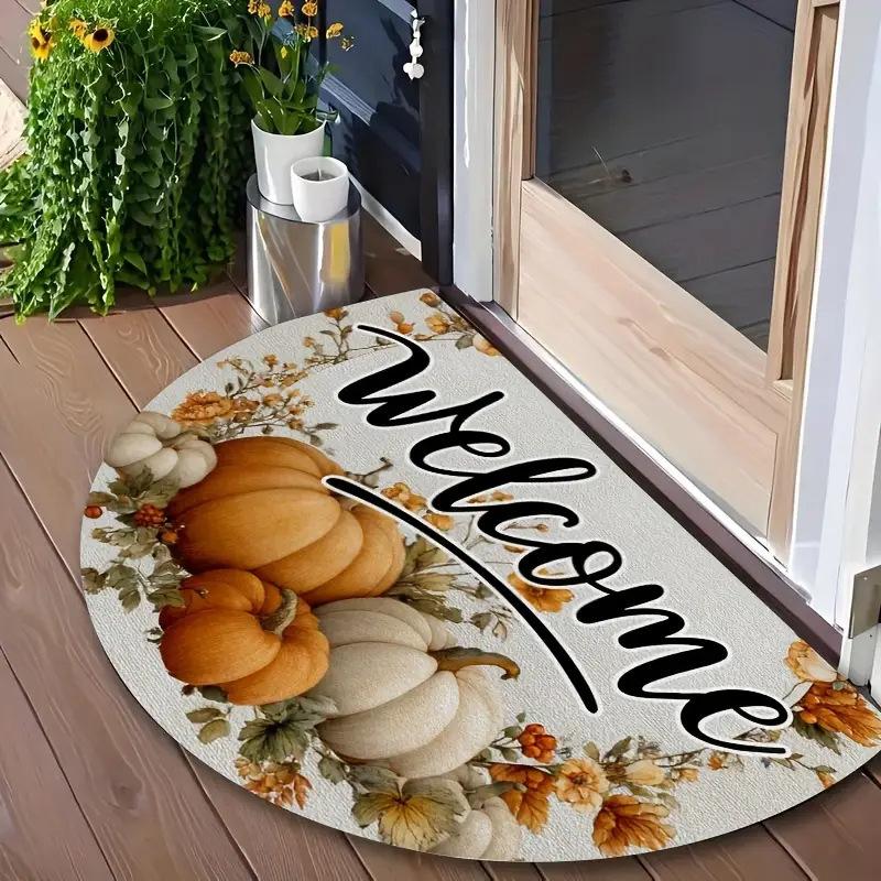 VIKAMA Autumn Thanksgiving Half-Circle Floor Mat - Maple Leaf Pumpkin - Indoor and Outdoor Entrance Door Mat for Home Decoration