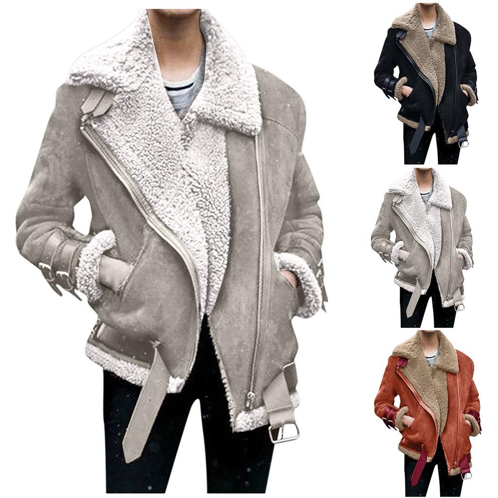 Women's Autumn/Winter Fashion Biker Deer Lambswool Jacket Lapel Cotton Jacket