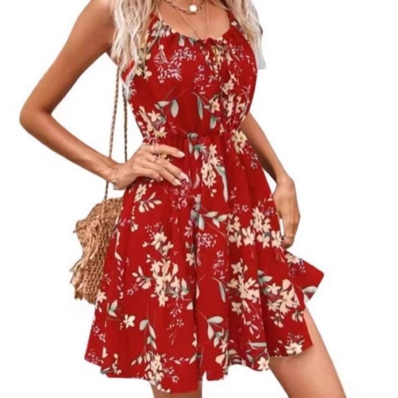 Women's Summer Floral Print Spaghetti Strap Mini Dress Tie Front Elastic Waist Sleeveless Casual Beach Sundress