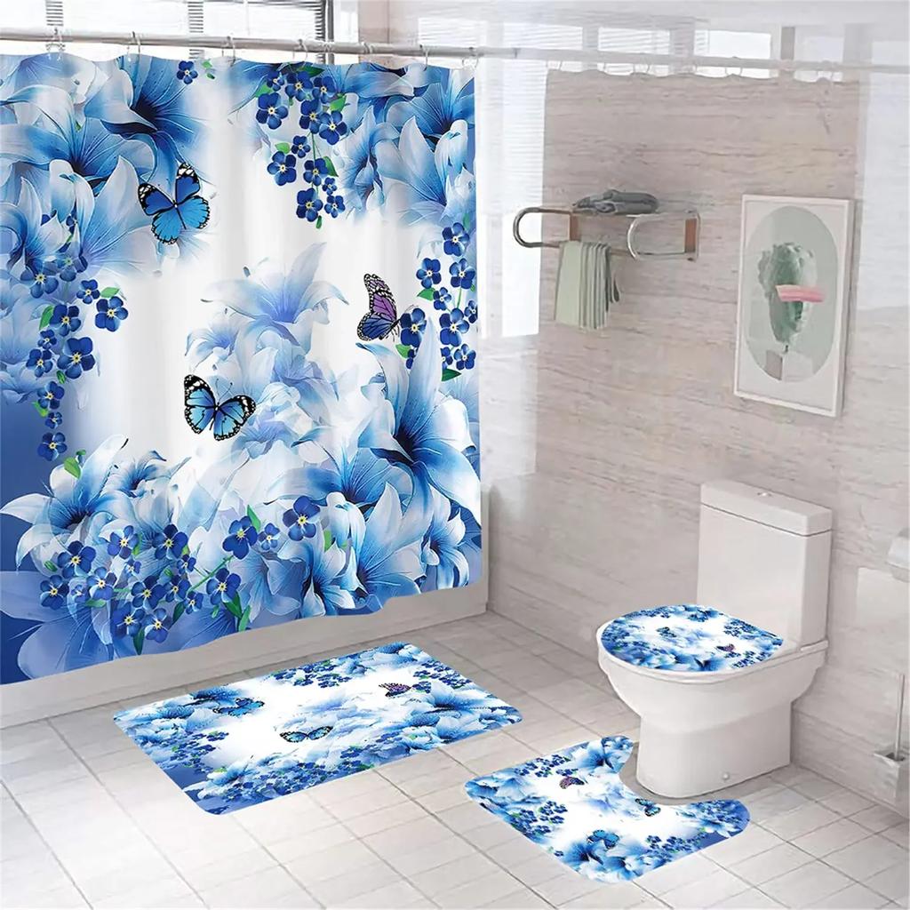 Big Butterfly Beautiful Polyester Shower Curtain Set Bathroom Set Waterproof Curtains Bath Mat Set Toilet Lid Cover 4 Pcs Decor