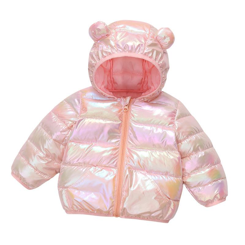 2-6 Years Kids Fashion Colorful Shiny Down Cotton Jacket Autumn Winter Boys Girls Cartoon Ear Hooded Zipper Coat