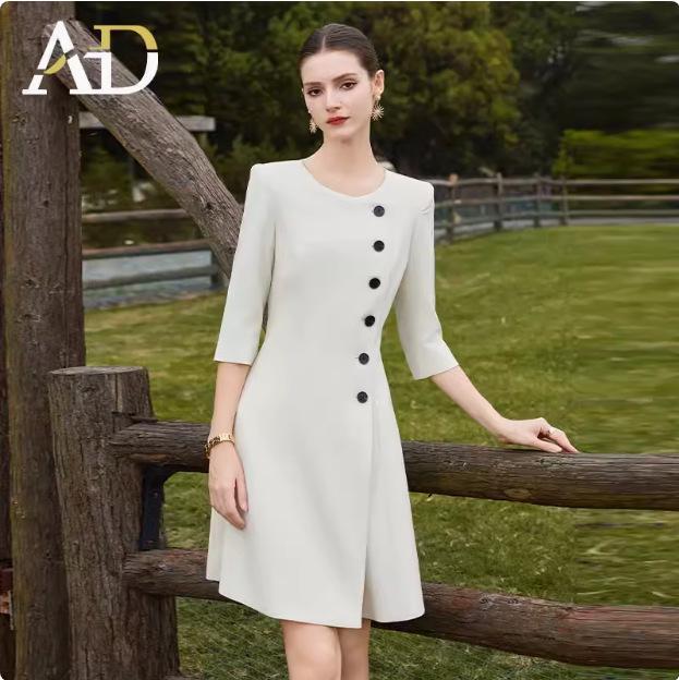 Stylish Beige A-Line Mid-Length Dress with Three-Quarter Sleeves and Round Neck for Spring/Summer