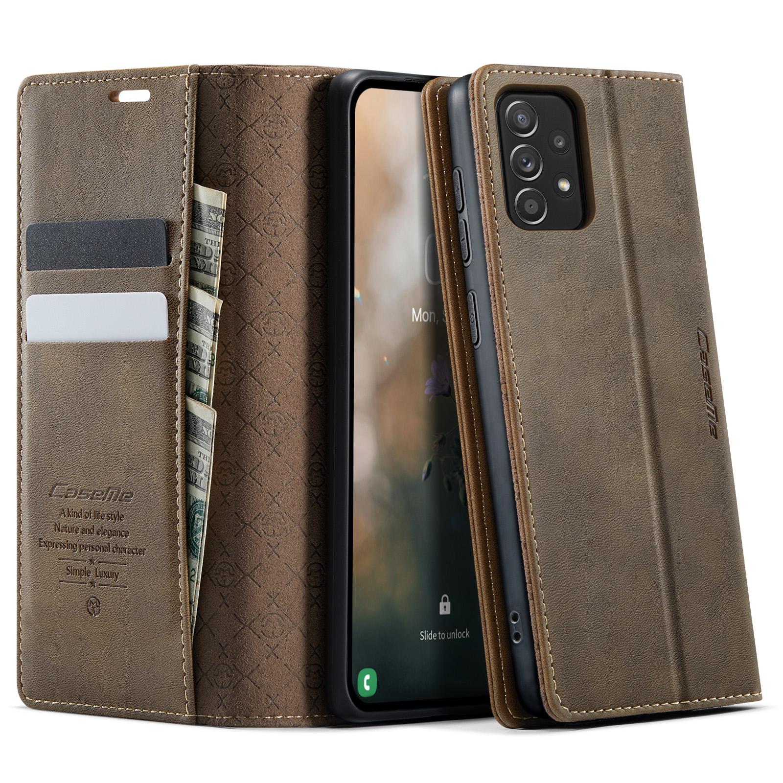 

For Samsung Galaxy A52s 5G/Galaxy A52 4G/Galaxy A52 5G Case CASEME 033 Series RFID Blocking Wallet Stand Calf Texture Leather Phone Cover Coffee