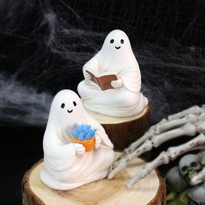 2PCS Holding Flower Pots and Reading Ghost Books, 2.7-inch Halloween Outdoor Garden Decoration Bonsai Ornaments, Outdoor Garden
