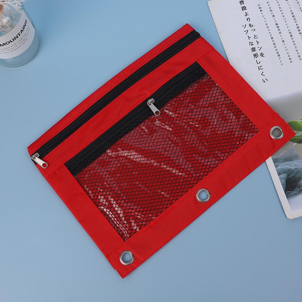 Practical Three Hole Pencil Case Pouch Square Binder Pocket Documents Bag Mesh Pencil Pouch  School