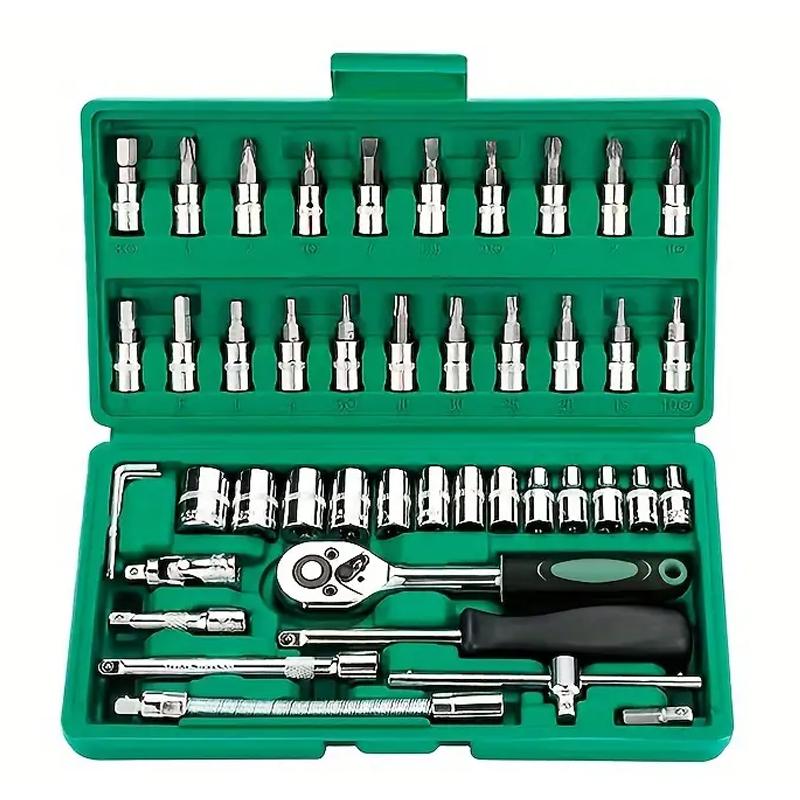 FOCSE 46 Pieces 1/4 Inch Drive Socket Ratchet Wrench Set, With Bit Socket Set, Metric And Extension Bar For Auto Repairing