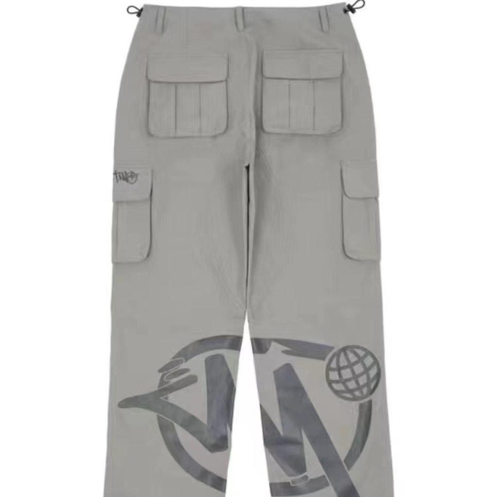 Retro American Hip Hop Wide Leg Pants with Pocket Print Casual Loose Workwear Trousers for Men Dance Scene Comfortable Fit