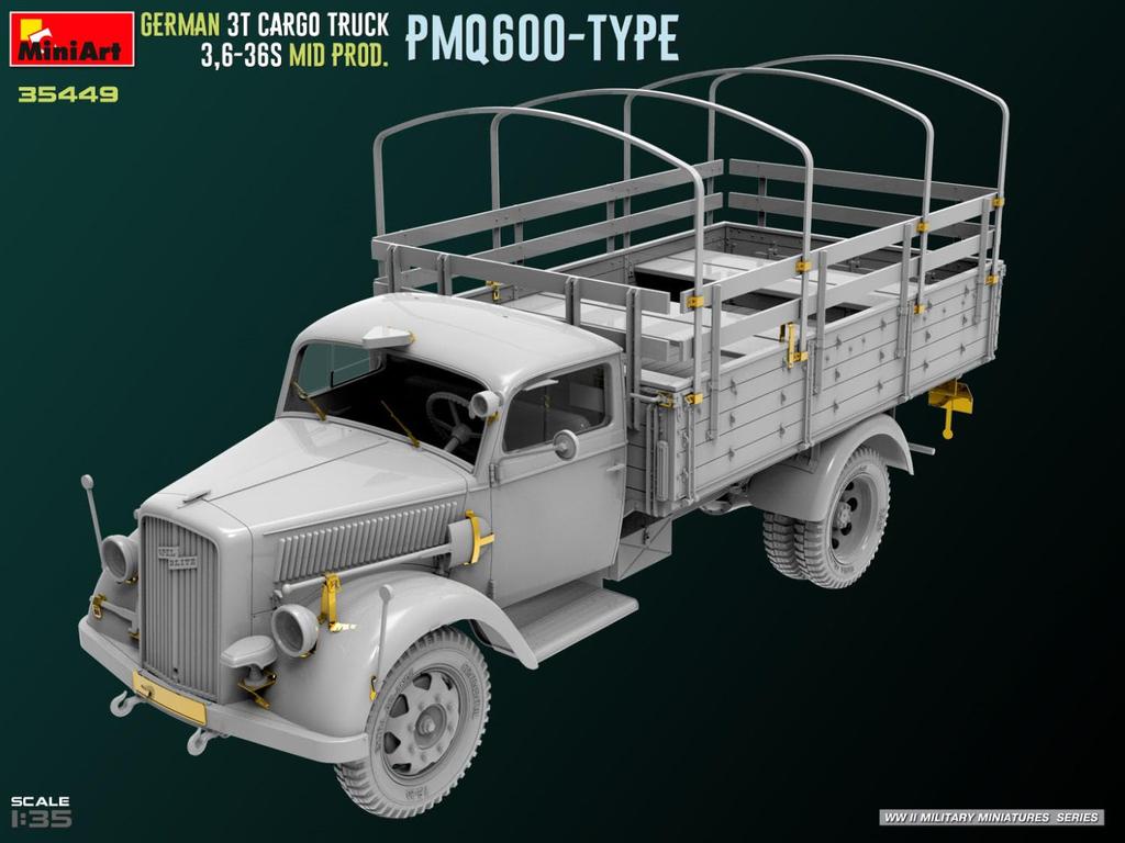 MiniArt German Army Cargo Truck Type PmQ600 Plastic Model Kit MA35449 1/35 WW.II 3-ton 3.6-36S Mid-Production