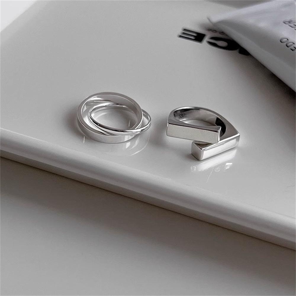 Sterling silver staggered square ring, simple open ring in personality, cold wind index finger ring