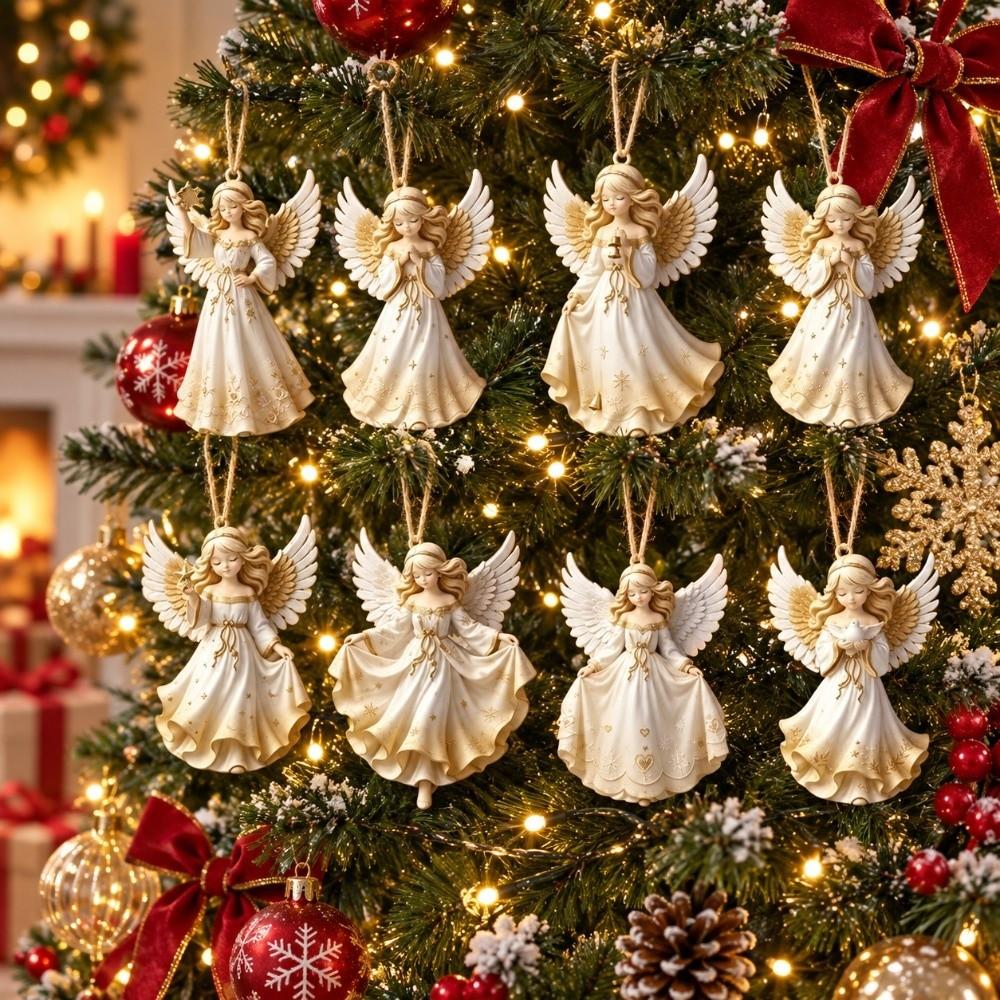 8 pcs Wooden Christmas Tree Ornaments 2D Flat Wings Girl Pendant Xmas Decoration Holiday Party