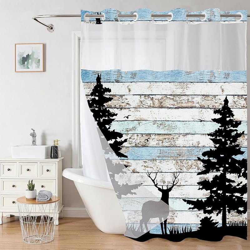 No Hook Pink Bow Shower Curtain and Liner Set Cute Shower Curtain with Snap in Liner Fabric Bathroom Curtain with Liner Set Double Layers Waterproof