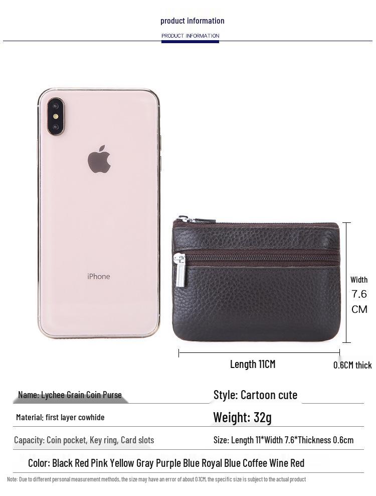 Portmonetka na monety i etui na klucze z licowej skóry bydlęcej w stylu koreańskim, zapinane na zamek