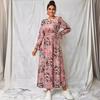Women Vintage Print Long Sleeve Loose Round Neck A Line Long Dress