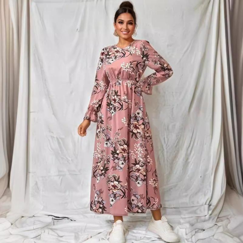 Women Vintage Print Long Sleeve Loose Round Neck A Line Long Dress
