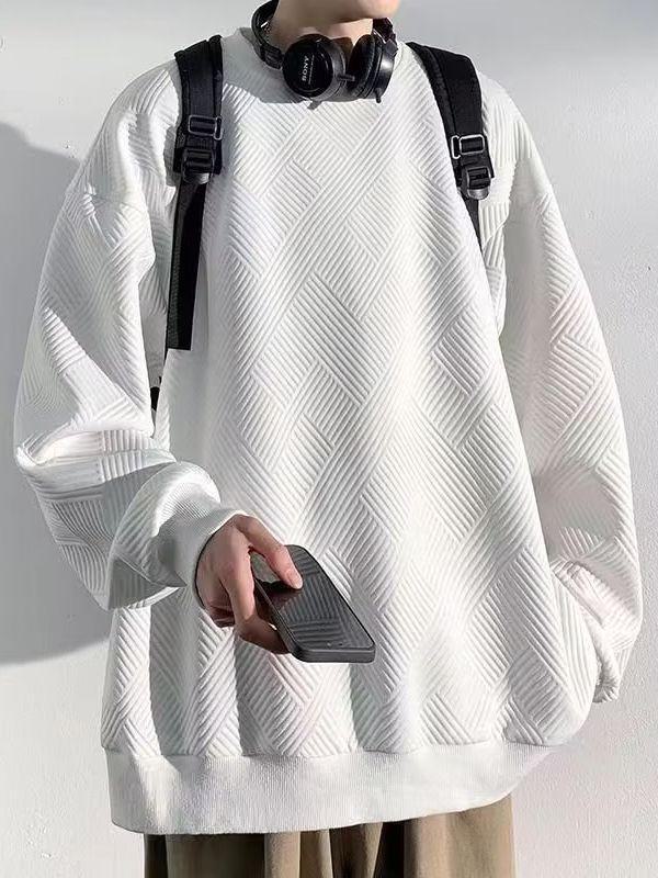 Men's Heavy Waffle Round Neck Sweatshirt - Trendy Long-Sleeve, Loose-Fit for Spring and Autumn