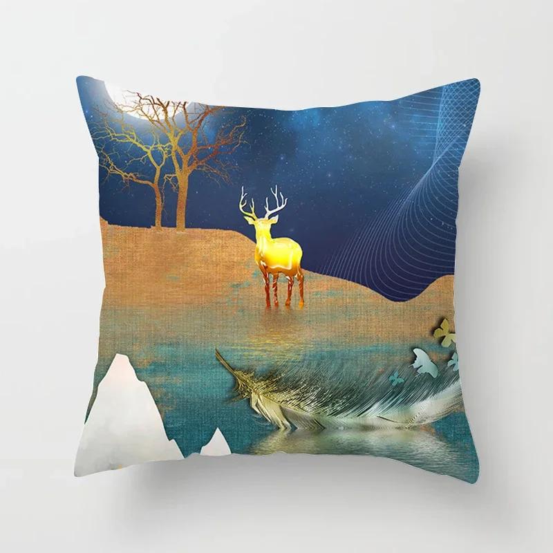 Black Gold Drawing Leaf Elk Tree Bird Butterfly Printed Square Pillowslip Polyester Cushion Cover Pillowcase Living Room Home