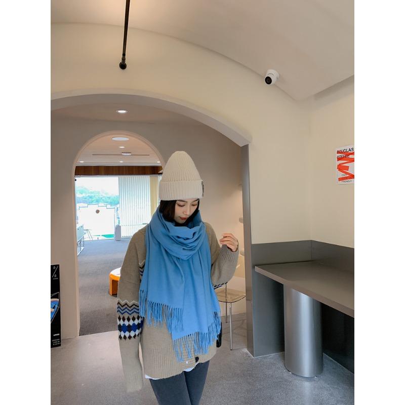 Solid Color Wool Scarf for Women Autumn and Winter Tassel Air Conditioned Room Shawl Green Red Winter Men's Cashmere Scarf