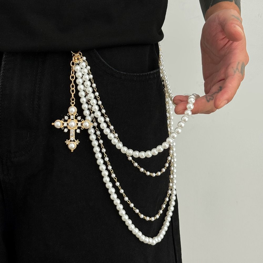 Punk Rock Cross-shaped Pearl Waist Chains Metal Pendant Pant Chain Waist Chain  For Women Man