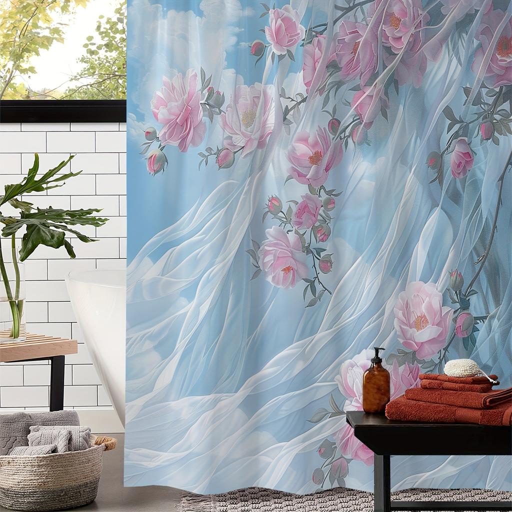 Vintage Floral Print Shower Curtain With 12 Hooks - Water-Resistant, Machine Washable Polyester Fabric, Light Blue & Pink Flower