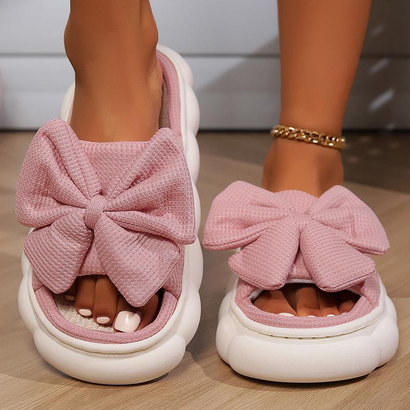 Fashion Fashion White Bowknot Home Slippers for Women Open Toe Thick Soft Sole Platform Shoes Woman Comfort Indoor House Linen Slippers