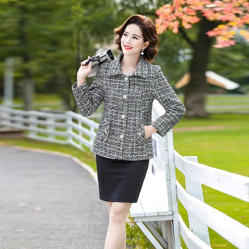 Spring Autumn Fashion Small Fragrance Tweed Jacket Women's Casual Wild Short Coat Mother Plaid Blazer Suit  Elegant  Outwear 5XL