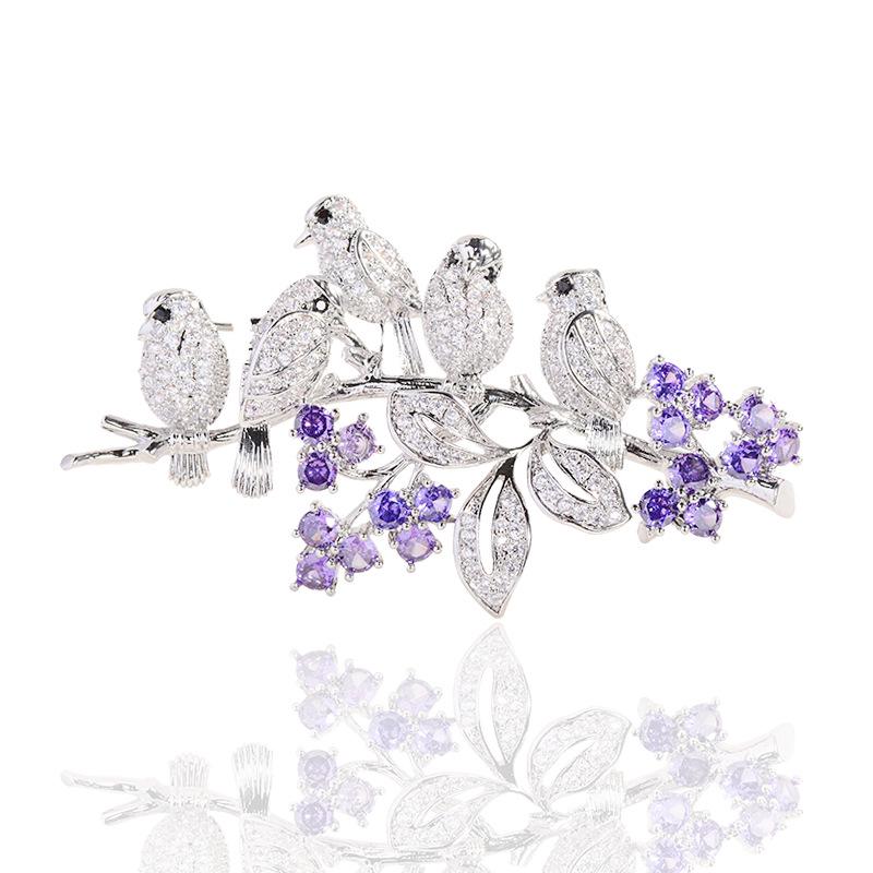 Chinese Magpie & Flowers Zircon Brooch – Exquisite Cheongsam Accessory