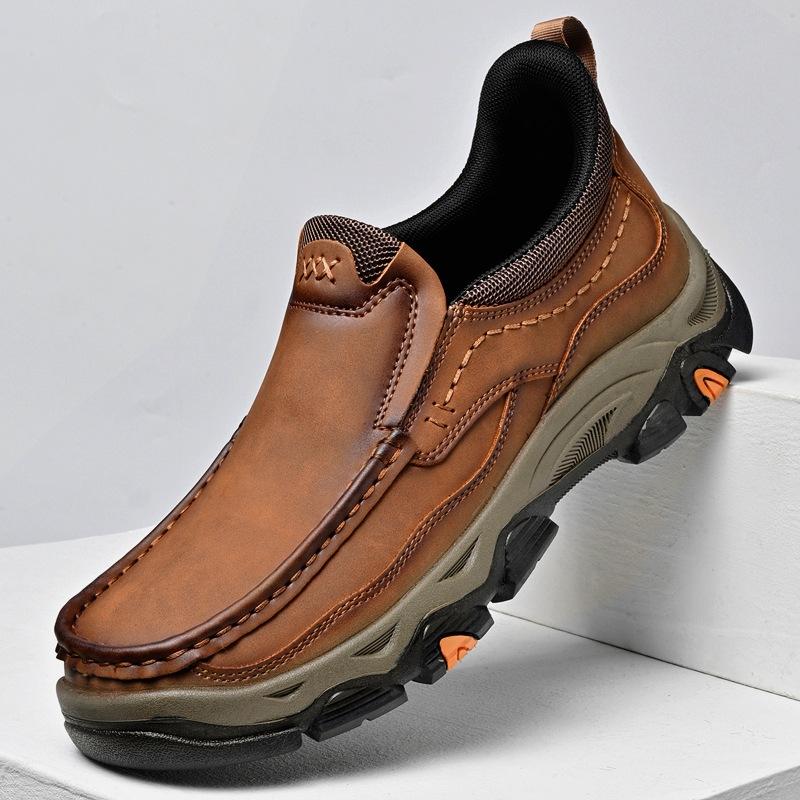 Men's Waterproof Slip On Faux Leather Hiking Shoes for Male Outdoor Non-Slip Walking Sneakers Casual Loafers Work Shoes Comfortable Short Boots