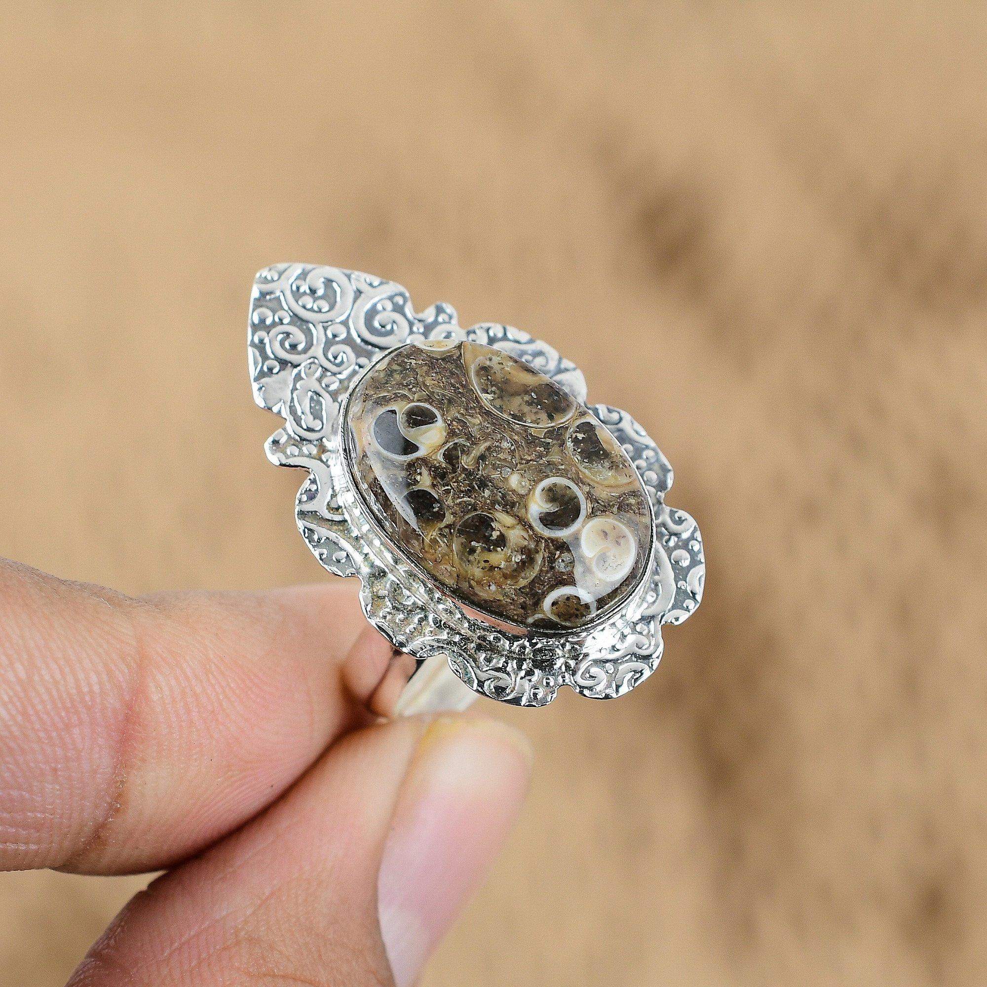 

Natural Turritella Agate Multi Stone Adjustable Ring 925 Silver For Women Yes