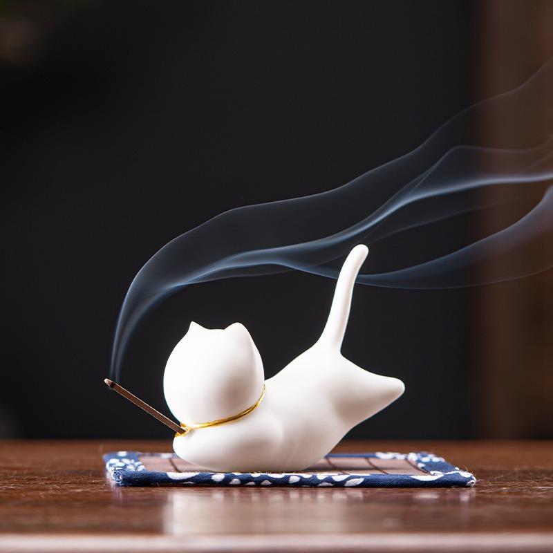 Cute Cat Ceramic Aroma Diffuser Incense Burner Holder Creative Desk Pen Holder Tea Pet Home Decor Office Gift for Living Room