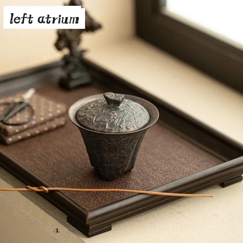 80ml Handmade Coarse Pottery Gaiwan Ancient Bronze Glaze Three Leg Tea Tureen Household Tea Making Cover Bowl Drinkware Craft