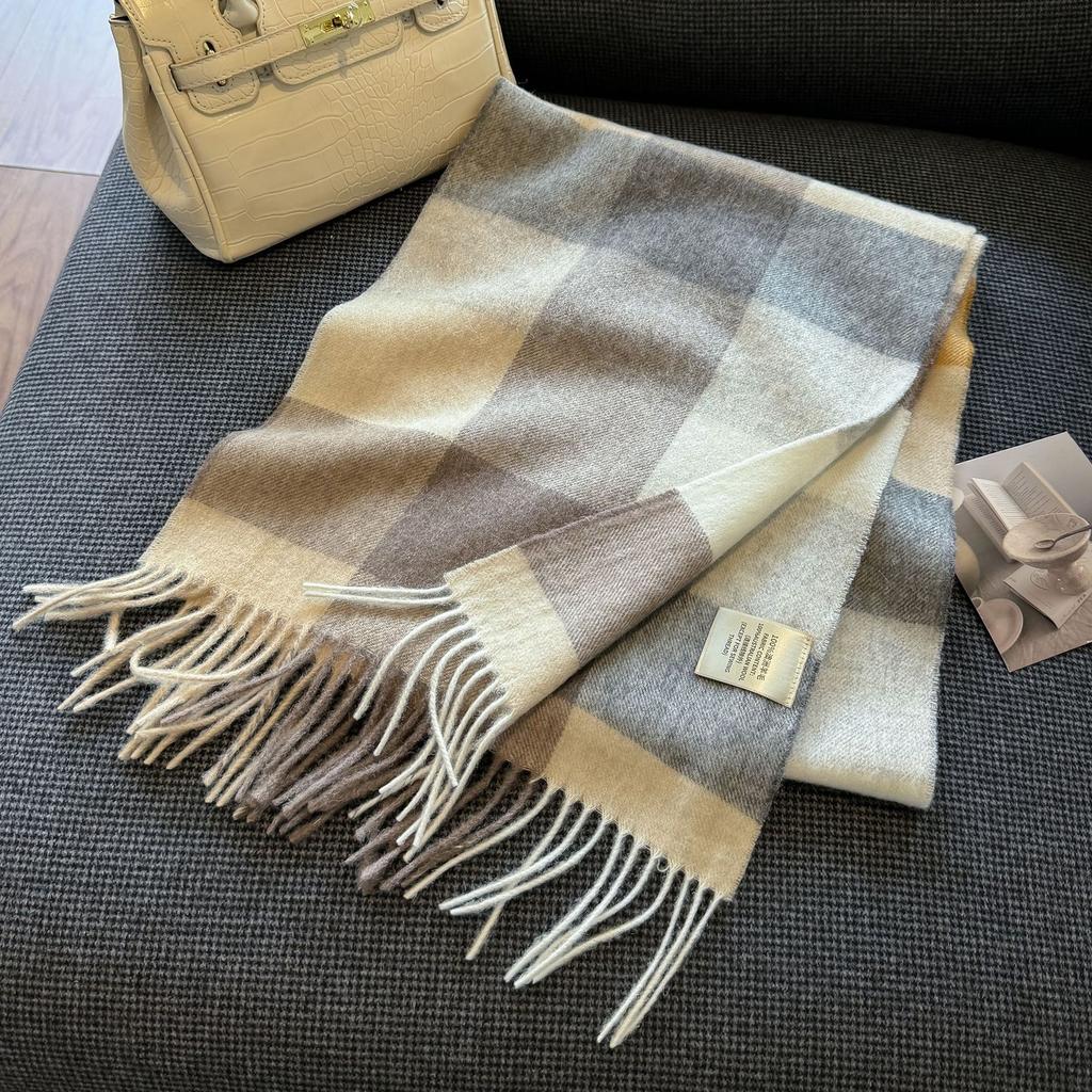 New Wool Warm Scarf for Women in Color Blocked Plaid Scarf Long Tassel Scarf Thickened and Warm