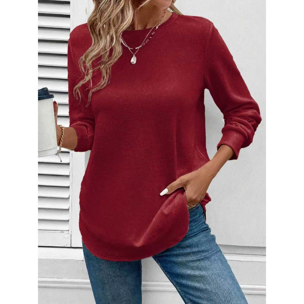 QICED Women's Fashion Casual Solid Color Print Long Sleeve O-Neck Blouses & Shirts