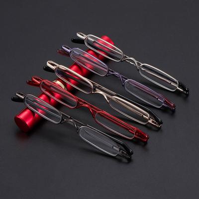 Occhiali da lettura portatili mini alla moda con clip, a forma di tubo, sottili, con penna, con cerniera a molla, per donna
