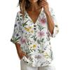 Women's Vintage Floral Print V Neck Loose Fit Short Sleeve Blouse Linen Blend Casual Top with Button Detail