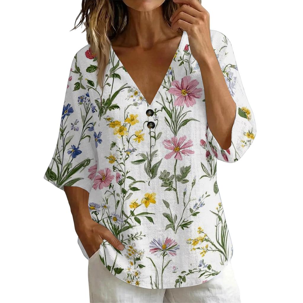 Women's Vintage Floral Print V Neck Loose Fit Short Sleeve Blouse Linen Blend Casual Top with Button Detail