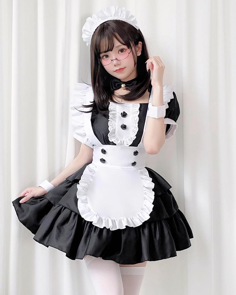 [Milky Time] Dienstmädchenkostüm, Cosplay, Halloween-Kostüm, Rüschenbesatz, Minilänge, Blume, Knopf