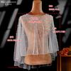 Two Colors Pearl Beaded Sheer Tulle Cape Shrug, Asymmetric Long Back Train Mesh Cover Up Round Neck for Strapless Wedding Bridal Evening Gown