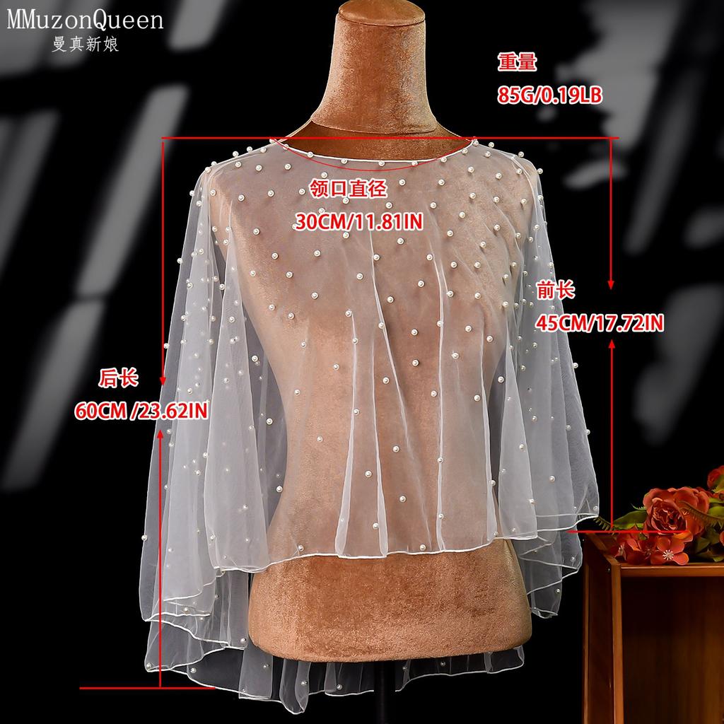 Two Colors Pearl Beaded Sheer Tulle Cape Shrug, Asymmetric Long Back Train Mesh Cover Up Round Neck for Strapless Wedding Bridal Evening Gown