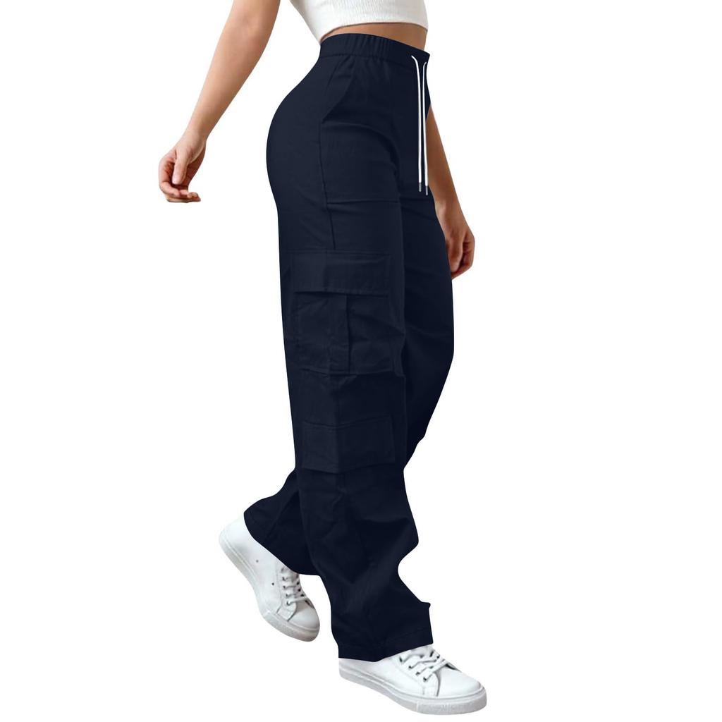 Womens Elastic High Waisted Cargo Pants Stretch Casual Wide Leg Streetwear Parachute Hiking Pants With Pockets