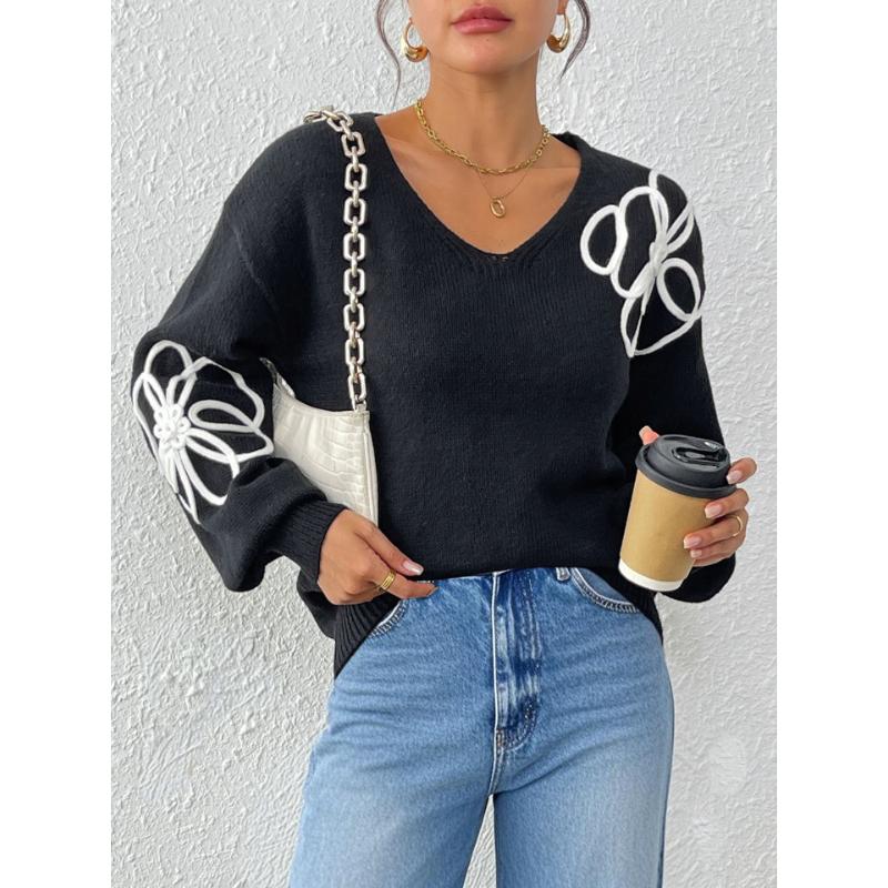 Damenoberteile mit floraler Bandstickerei, unregelmäßiger bestickter V-Ausschnitt, lässige Pullover