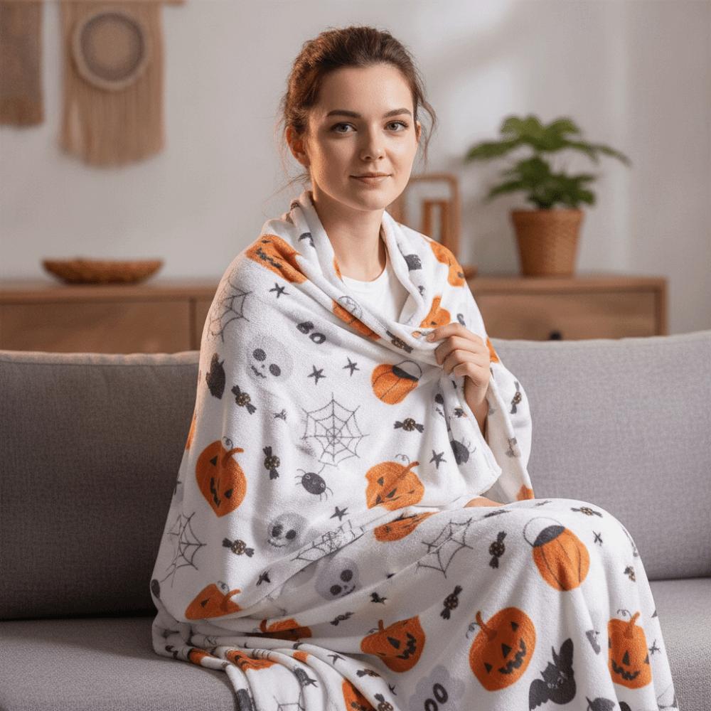 Soft Office Nap Blanket Bat Ghost Print Sofa Throw Blanket Halloween Flannel Blanket Travel