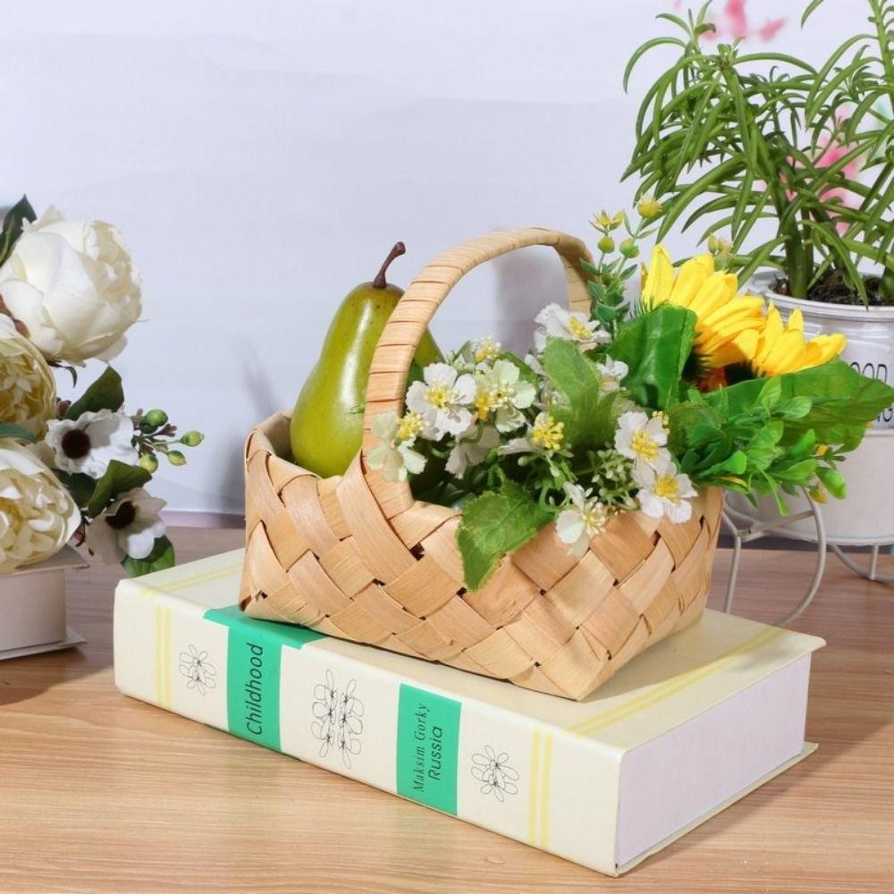 With Handle Wood Basket Handmade Handhold Weaving Flower Basket Vine  Living Room Decoration