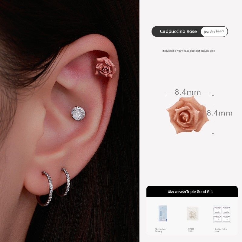 

Niche Style Unique Stud Earrings Beautiful Rose Titanium Alloy Suitable for Summer Ear-Caring Camellia Sleep No Need to Take off Caparpuccino Rose Jewelry Head (Single Pack)