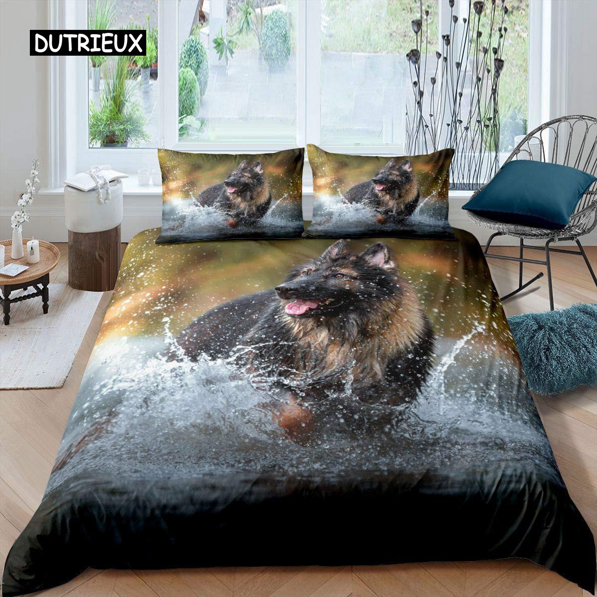 

Комплект постельного белья с изображением немецкой овчарки, комплект постельного белья с принтом щенка немецкой овчарки 3D для детей, мальчиков и девочек, одеяло с изображением домашних животных EU single(135x200cm)