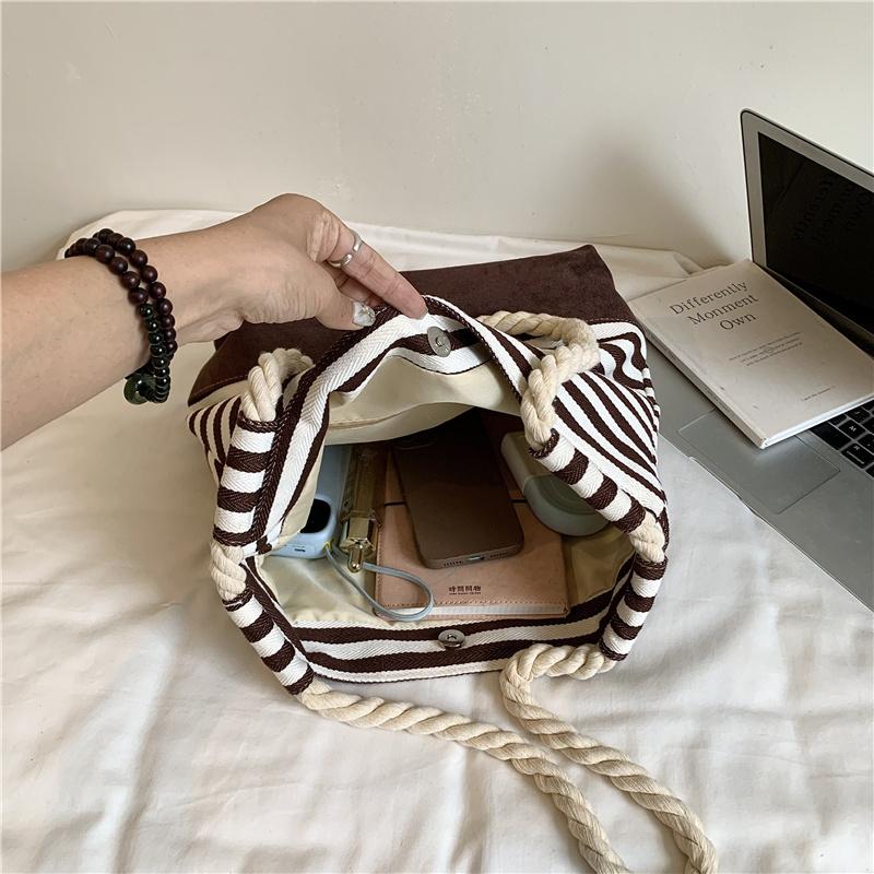 Striped Tote Bag Rope Handle Casual Beach Shoulder Purse Large Capacity
