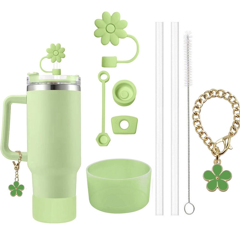 

9PCS Accessories Set 3 Spill Proof Stopper Flowers Straw Cover Boot 2 Straw and Brush and 1 Flower Charm Chain for Stanley Cup зелений