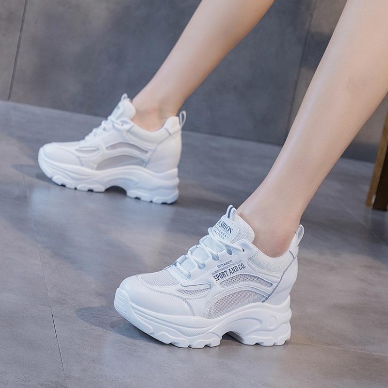 New Little White Shoes Women's Lace-up Slope Heel Inner Height Increase Versatile Sports and Leisure Dad Shoes Women