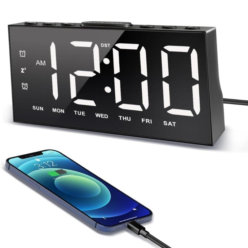 Modern Quiet Desk Clock With Bright LED Display Snoozes DST Function And Energy Efficient Design Two USB Charging Port