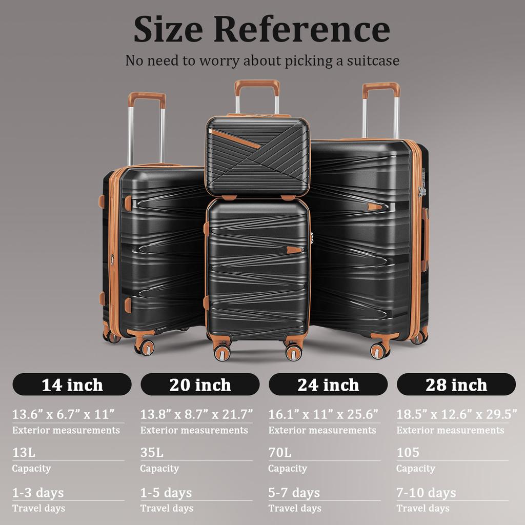 4-Piece Hardshell Luggage Set PP, Suitcase (20/24/28 Inch), 14" Cosmetic Case, Removable Wheels, Space-Saving, Lightweight & Robust Combination Lock