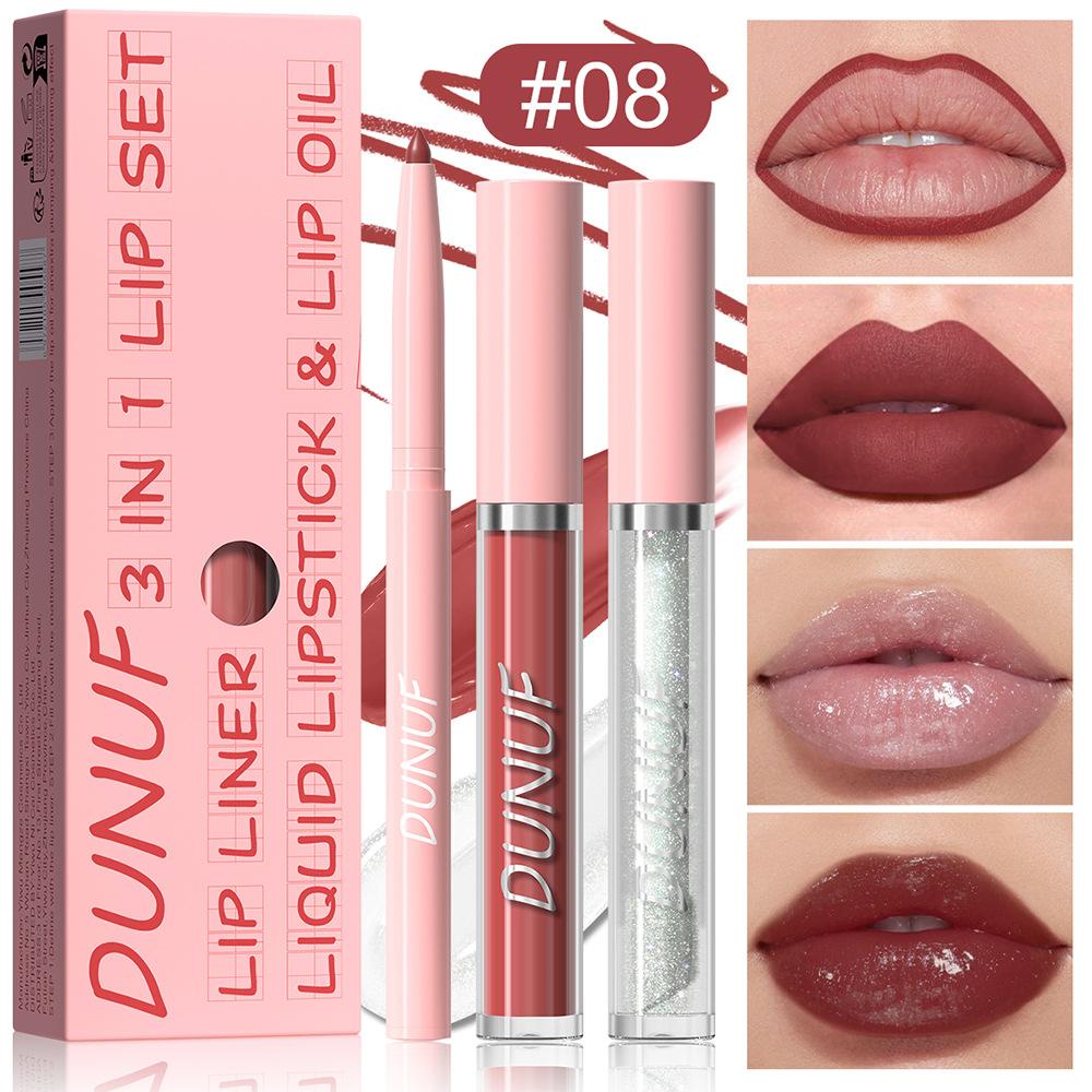 3Pc Velvet Matte Lipstick Pen Nude Brown Lip Liner Pencil Kit Rose Red Matte Lipliner+Lip Gloss+Lip Oil Set Waterproof Lips Tint